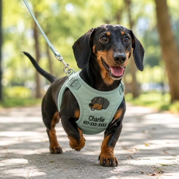 Personalized dog harness and leash with pet ID